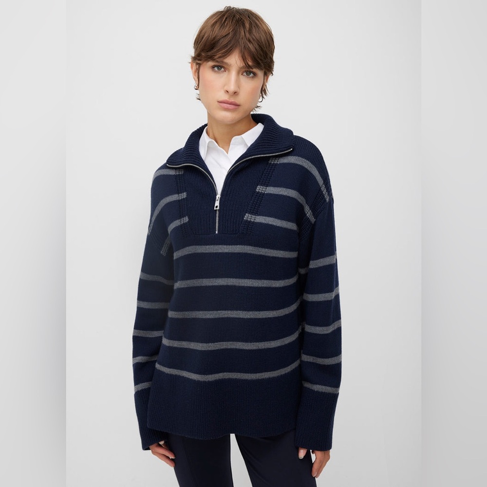 Kit and Ace Navy Apres 1/4 Zip Merino Sweater Striped | medium